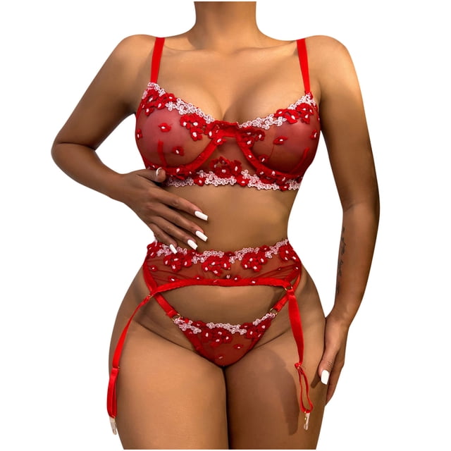 Conjunto de lencería con bordado de malla exquisita para mujer, sujetador, liga y bragas, conjunto de picardías, ropa de dormir recortada Fridja nalpqowj44497