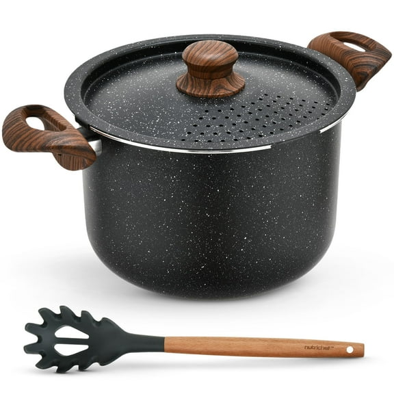 NutriChef 5qt Pasta Pot with Strainer Lid & Pasta Fork | Non-Stick Cooking Pot | Lockable Lid, Heat Resistant Handles | Even Heat Distribution | Easy Clean | Black Marble