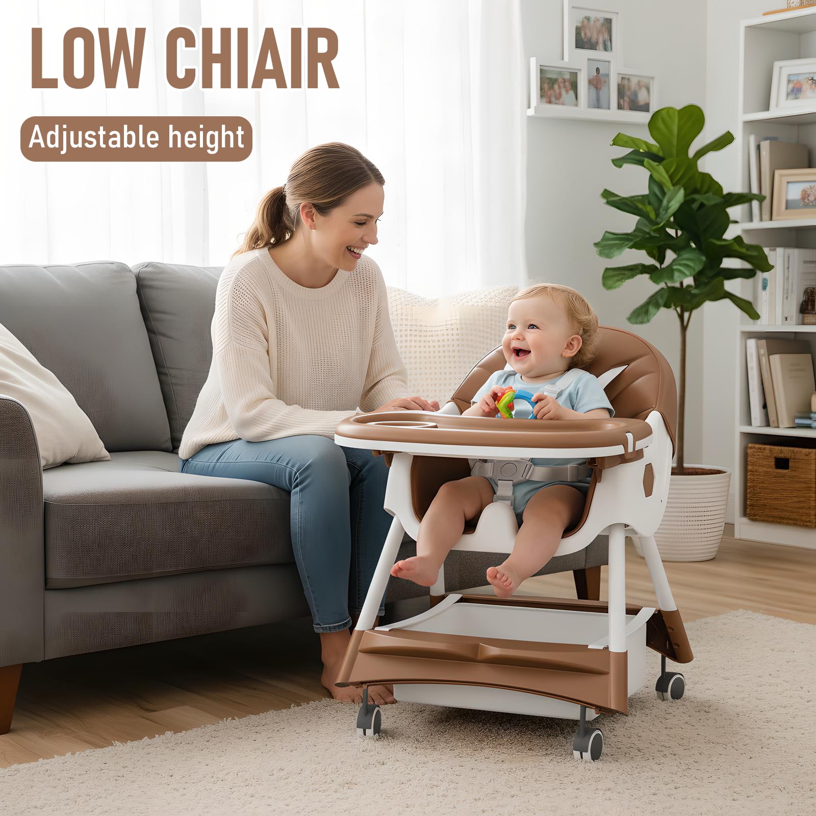 ManyFun-4-in-1 Baby High Chair Portable Toddler Baby Dining Chairs-Dining Booster Seat for Eating-Dinner Plate and Toy Rack,Brown