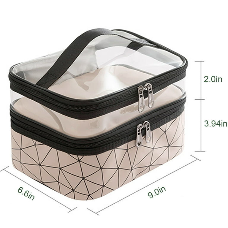 Unique Bargains Double Layer Makeup Bag Cosmetic Travel Bag Case Make Up  Organizer Bag Clear Bags for Women 1 Pc Pink