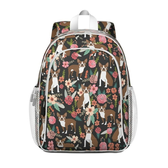 Boston Terrier Dog with Flower-1 Backpack for School,Cute School Bag,Schoolbag with Adjustable Shoulder Straps & Padded Back,15"x11.42"x5.5"