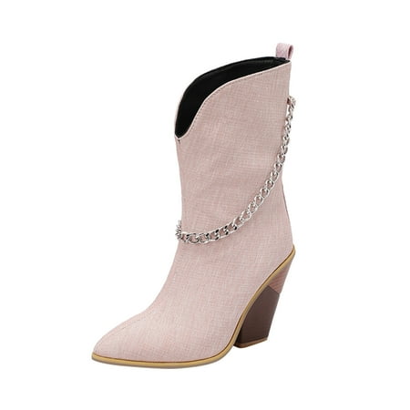 YHGFVOKJ Boots for Women Fashion Leather Metal Elastic Chain Decoration Pointed Toe Non Slip Thick High Heel Short Boots Shoes Wedge Shoes for Women Pink 38