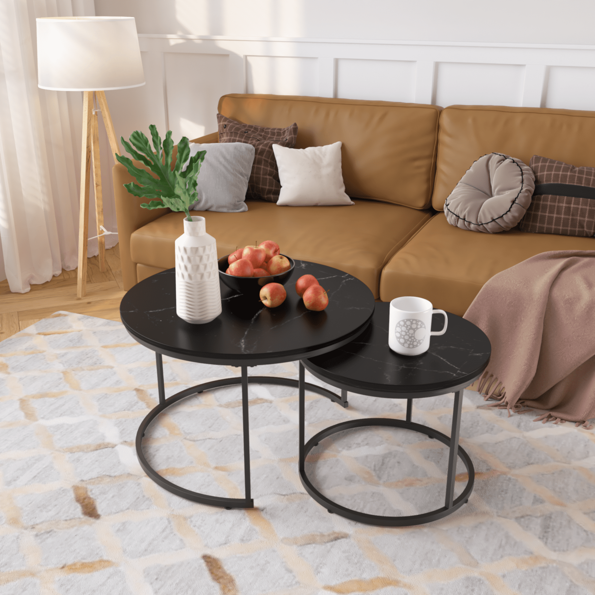27.6" Nesting Coffee Table Set of 2, Round Coffee Table Wood Marble Pattern Top with Sturdy Metal Frame, End Table Side Tables for Living Room Bedroom Balcony Yard (Black)