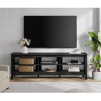 Farmhouse TV Stand for 75 inch TV, Black Entertainment Center with 6 Storage for Living Room, Bedroom, 70 Inch