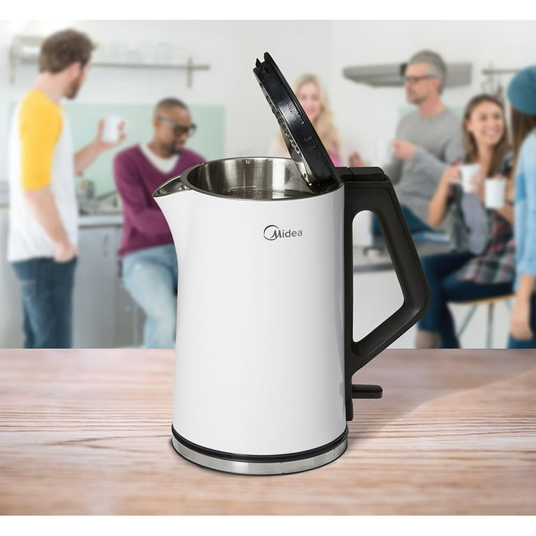 Midea 1.5L Double Wall Cool Touch Electric Kettle-Stainless Steel  Interior-UK Strix Control-Auto Shut off Protection (MEK17DW-W), White 
