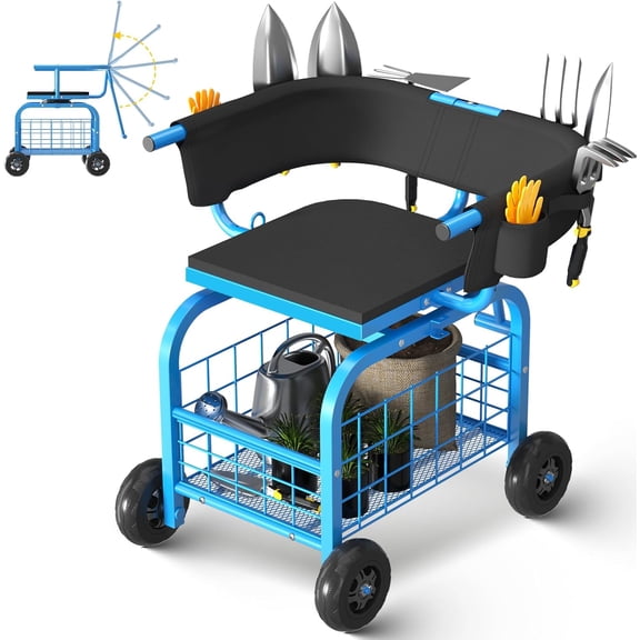 with 360° Swivel Seat & Backrest,Tool Storage Basket & Back Tool Pouch, Adjustable Handle, Outdoor Gardening Scooter, Garden Cart for Seniors