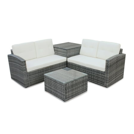Manual 4 Piece Set - 4 Pieces Outdoor Sectional Sofa All-Weather Patio Furniture Sets Manual Weaving Wicker Rattan Patio Conversation Sets with Cushion and Glass Table