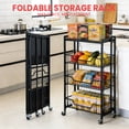 thumbnail image 4 of Collapsible 3-Tier Kitchen Storage Cart with Wheels – Iron Frame & Wood Shelves – Space-Saving Pantry Organizer for Fruit, Vegetables, Snacks – Utility Cart with Locking Casters – All Black, 4 of 8