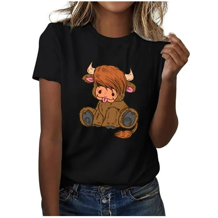 

kakina CMSX Womens Dressy Tops Plus Size Fashion Summer Loose Print Round-Neck T-Shirt Short Sleeve Casual Classic Blouses Fashion 2023 Spring Black S