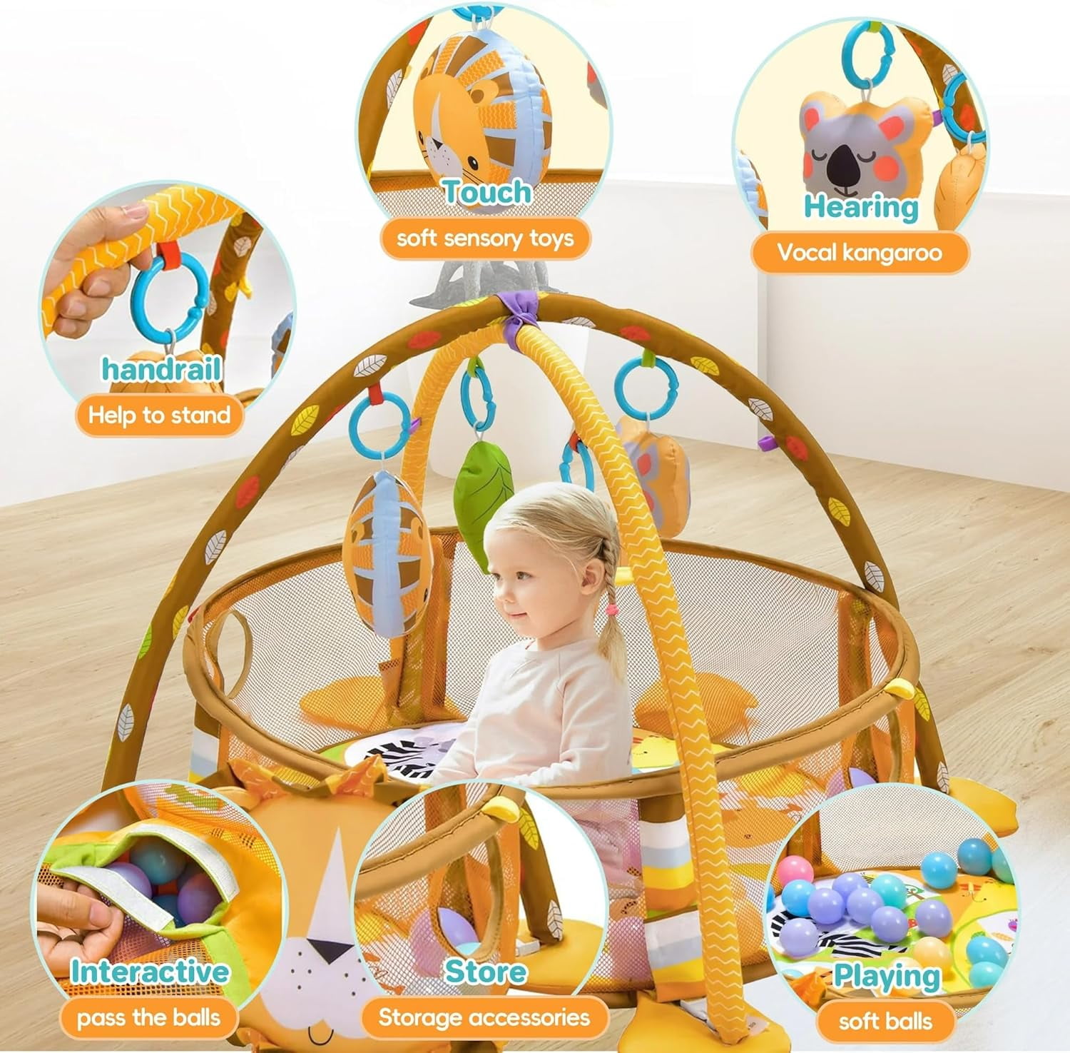 4-in-1 Baby Play Gym Mat - Infant Activity Center with Ball Pit, Tummy Time Play Mat & Safe Mesh for Ages 0-3 | Includes 4 Hanging Toys & 30 Balls | Soft, Washable, & Easy to Store