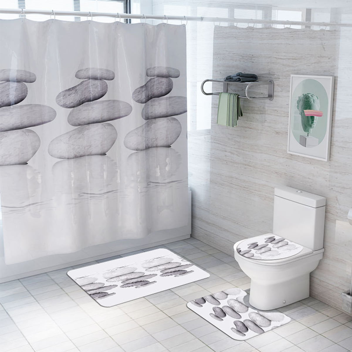 US 4PCS Bathroom Non-Slip Pedestal Rug Lid Toilet Cover Bath Mat Shower Curtain 