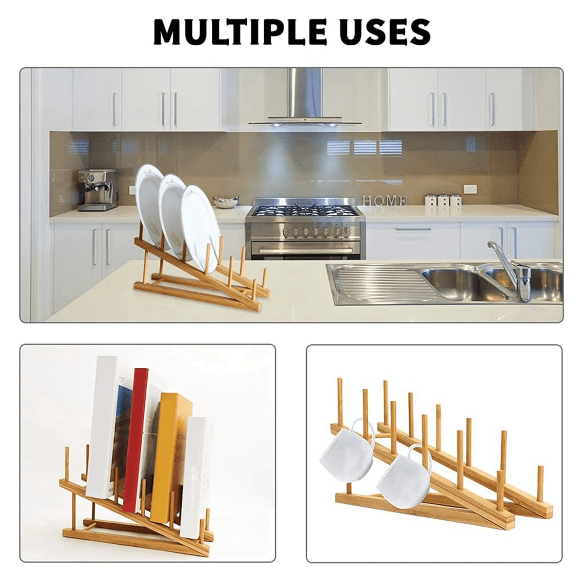 4 PCS Wooden Dish Rack Bamboo Plate Rack Stand Pot Lid Holder, Dish Drying Rack Kitchen Cabinet Organizer for Dish Plate,4 x Dish Rack,Wood color