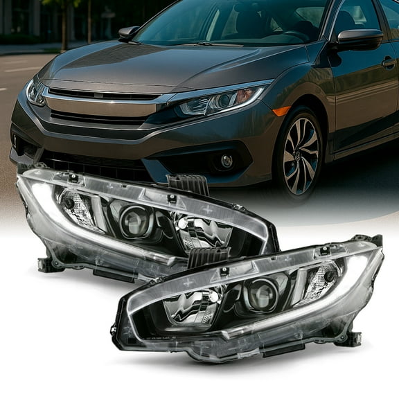 AKKON - Fits 2016-2021 Honda Civic [Halogen Type] Projector Black Headlights Pair Headlamp Left Driver   Right Passenger