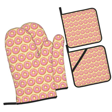 

Sikiie Donuts With Pink Glaze Oven Mitts and Pot Holders Silicone Oven Gloves Heat Resistant Oven Mitts 4Pcs Set