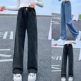 thumbnail image 2 of Yuanlook Girls Denim Pants Mid Waist Loose Fit Pockets Straight Leg Wide Leg 8-16T, 2 of 9