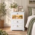 thumbnail image 5 of Hiphuta Wide Farmhouse Nightstand with 3 Drawers & Charging Station, Wood End Table for Living Room, LED Bedside Table for Adult Bedroom, White, 5 of 8