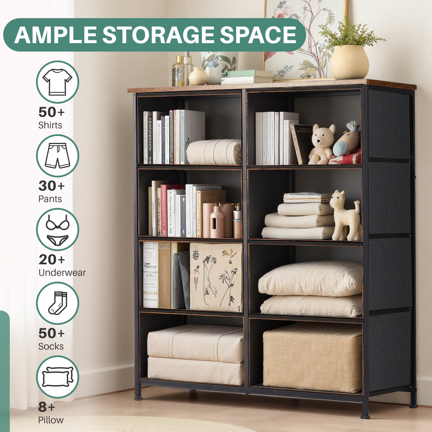 TINKLE WELL 8 Drawers Dresser for Bedroom with Metal Frame, Wood Tabletop, Storage Chest Drawers, Rust