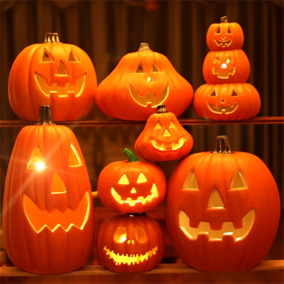 Mskk Pumpkin Lights Halloween Decoration, Orange LED Glowing Pumpkins, Halloween Decorative Ornaments for Indoor Mantel, Tabletop, and Home Party