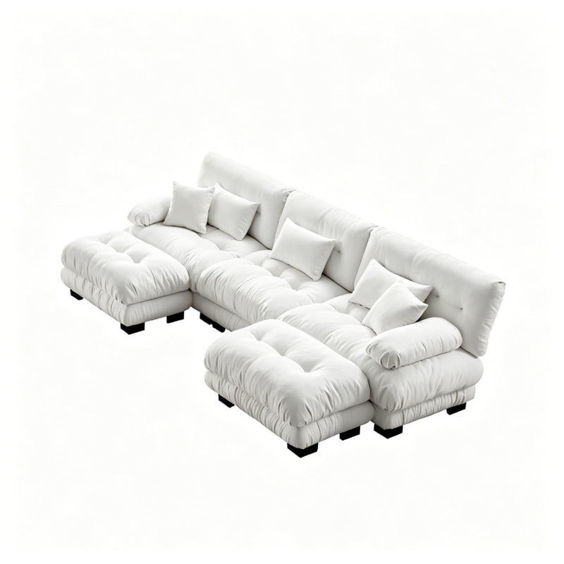 ANPPORT Cloud Couch Sleeper Sofa, Chenille White 3-Seater Modular Sofa with 2 Ottomans, 3 Lumbar pillows, 2 Pillows, Comfy Deep Seat Cloud Sofa, Convertible L-Shaped Floor Couch for Living Room