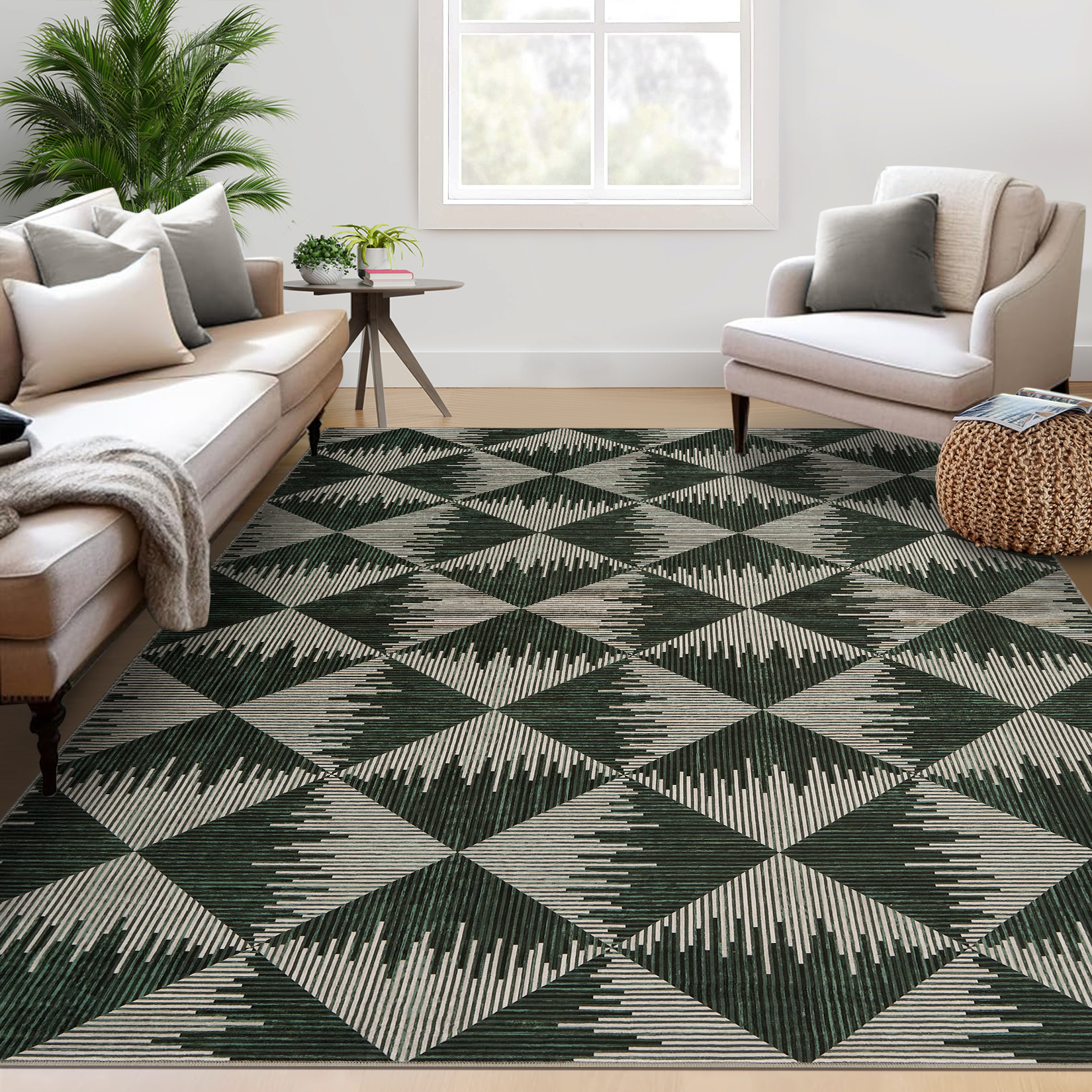 10x13 Washable Area Rugs for Living Room Non Slip Low Pile Modern Geometric Farmhouse Dining Room Carpets for Bedroom Dorm Green