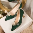 thumbnail image 5 of SCHUHLAND Green Silk Floral Crystal Pointed Toe Pumps for Women, Comfortable Medium Heels for Wedding & Party, 5 of 16