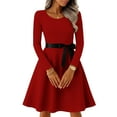 thumbnail image 2 of Women's Midi Dress Long Sleeve Crew Neck Solid Color Vintage Casual Belted Waist Dress for Spring Fall Everyday Wear,Wine,M, 2 of 6