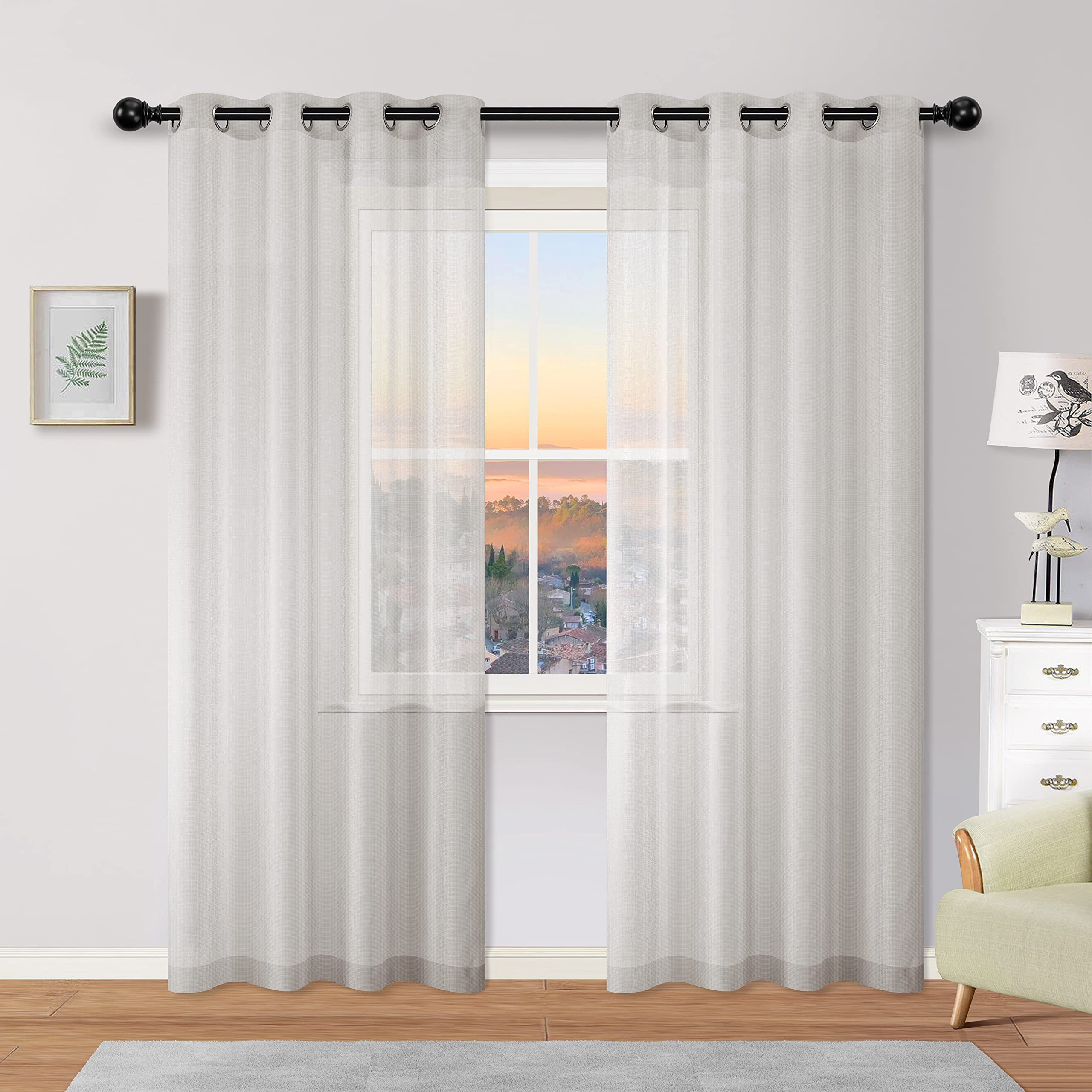 2 Grommet Window Panel Eyelet Top Voile, Light Gray Semi Sheer Curtains