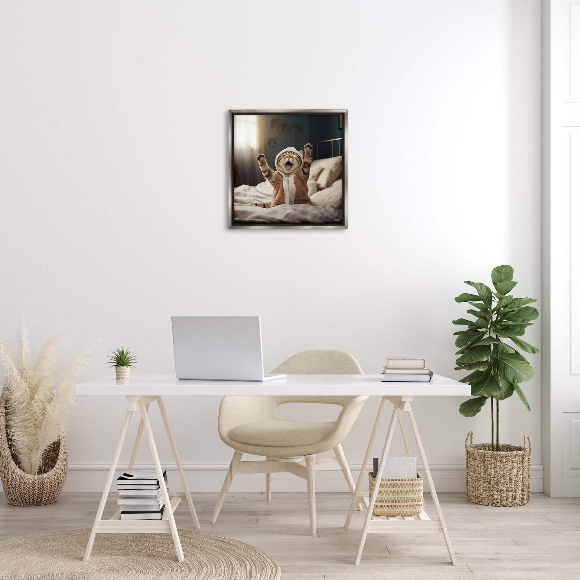 Stupell Industries Yawning Cat in Bed Animals & Insects Painting Gray Floater Framed Canvas Art Print Wall Art, 25 x 25