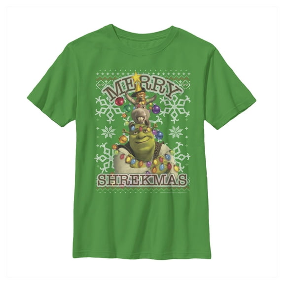 Boy's Shrek Merry Shrekmas Snowflakes Graphic Tee Kelly Green Medium