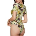 thumbnail image 3 of KLL Women 's Crew Neck Bodysuit Jumpsuits Lilies Flowers Print Short onesies Stretch T Shirts, 3 of 7