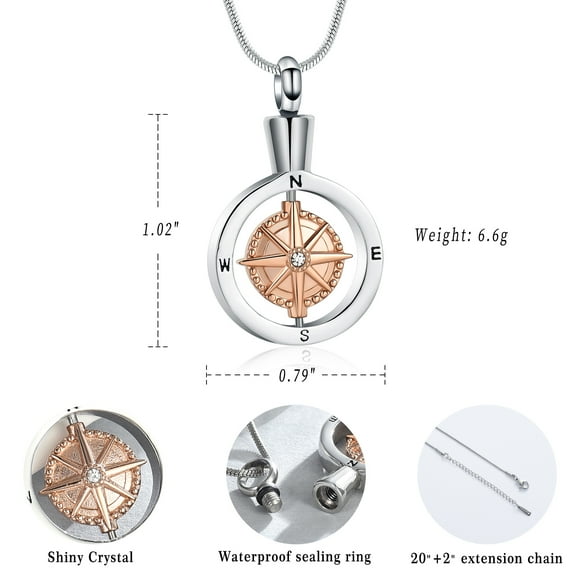 Crystal Compass Urn Necklace for Ashes of Loved Ones Compass Cremation Pendant Jewelry Keepsake Memorial Gifts Ashes Necklace for Women