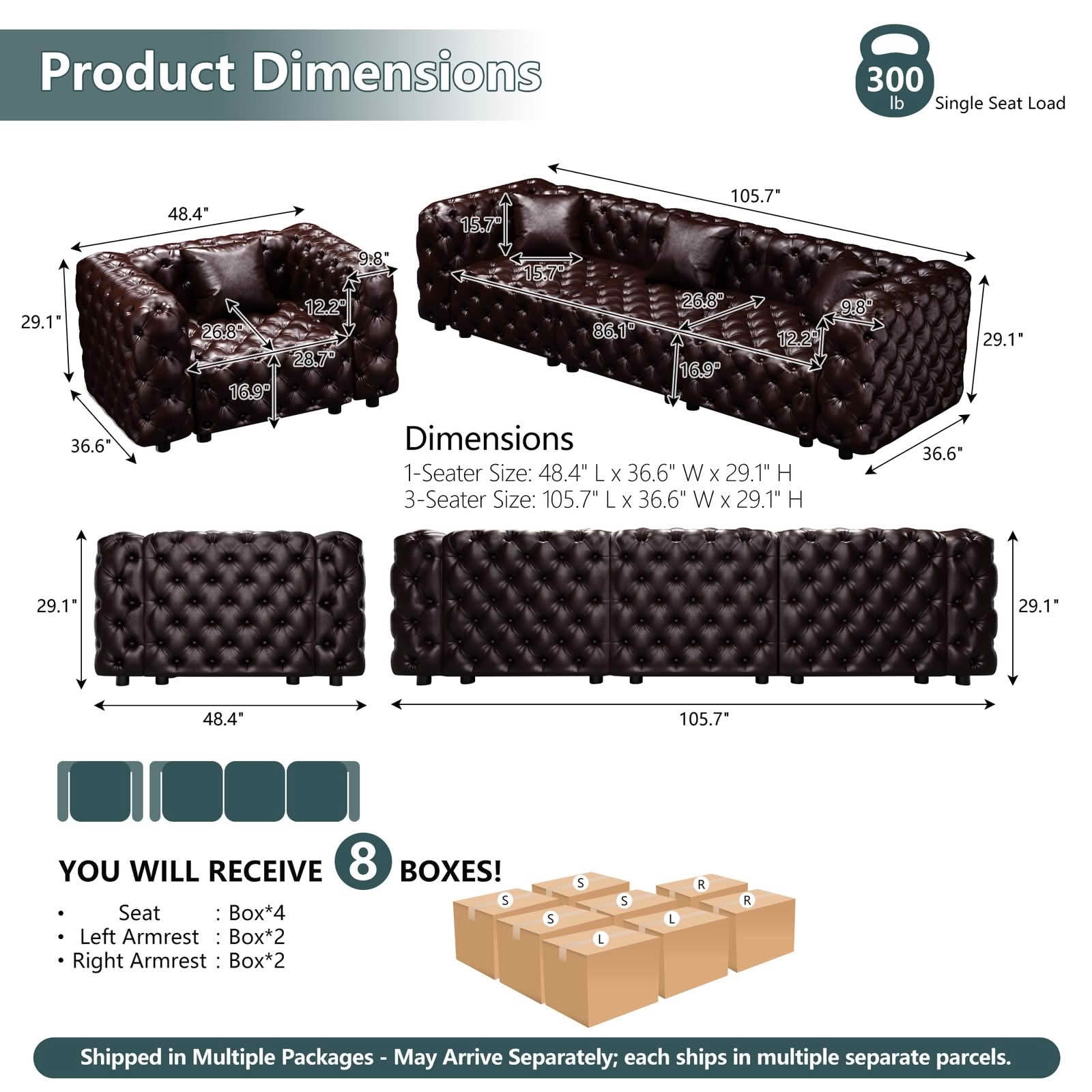 MAYEERTY 105.7 Inch Faux‑Leather 3‑Seat Modular Sofa Set, Handcrafted Button Tufted Couch with Ottoman & 3 Pillows for Living Room & Small Apartment