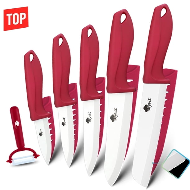 Myvit Juego de Cuchillos de Cerámica, Cuchillos de Cocina de Cerámica de 6 Piezas con Tapas, Cuchillo de chef de 6", Cuchillo de Pan Dentado de 6", Cuchillo de Pelar de Frutas de 5", 4", y Pelador