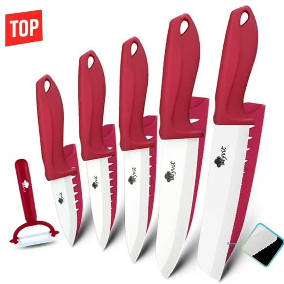 Myvit Juego de Cuchillos de Cerámica, Cuchillos de Cocina de Cerámica de 6 Piezas con Tapas, Cuchillo de chef de 6", Cuchillo de Pan Dentado de 6", Cuchillo de Pelar de Frutas de 5", 4", y Pelador