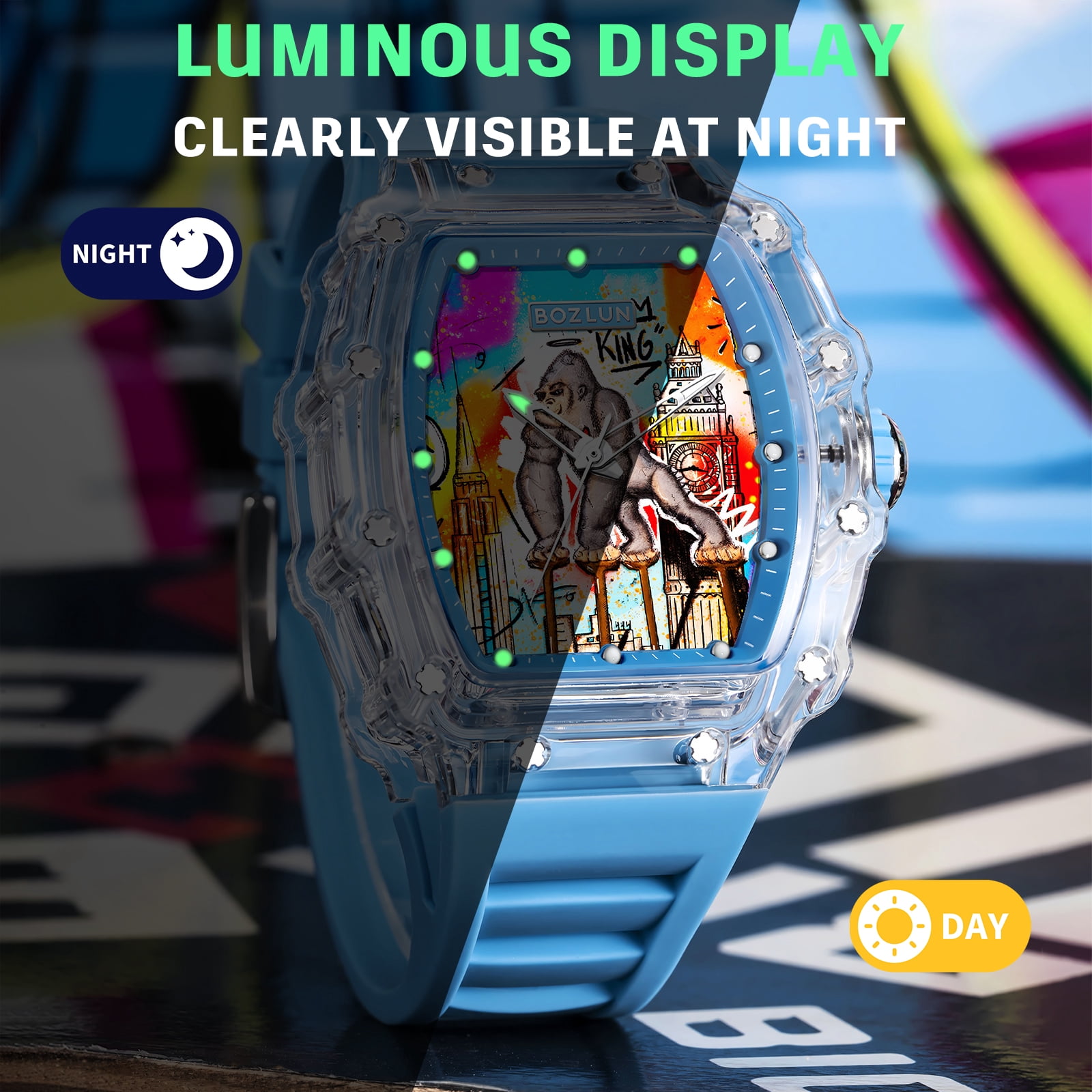 BOZLUN Men Watch Luxury Mechanical Watches self Winding, Luminous Waterproof 3D Dial Watches for Men Blue