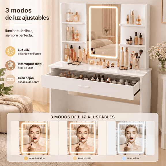 Tocador de Maquillaje, Espejo y Luces de Brillo Ajustable, Tocador con 1 cajón de Almacenamiento 6 y estantes Abiertos, Muebles de Maquillaje Modernos para Vestidor de Dormitorio (Blanco)