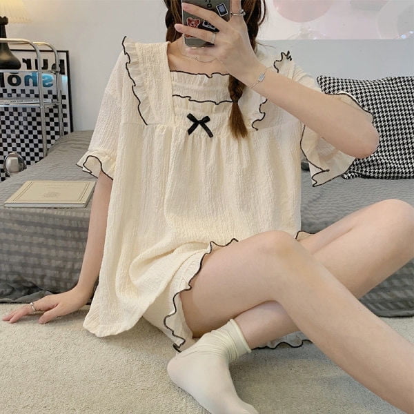 Pijamas con lazo para mujer, ropa de dormir con cuello cuadrado, conjunto de pantalones cortos de dos piezas, ropa de noche coreana, traje de casa con volantes, ropa de salón sólida