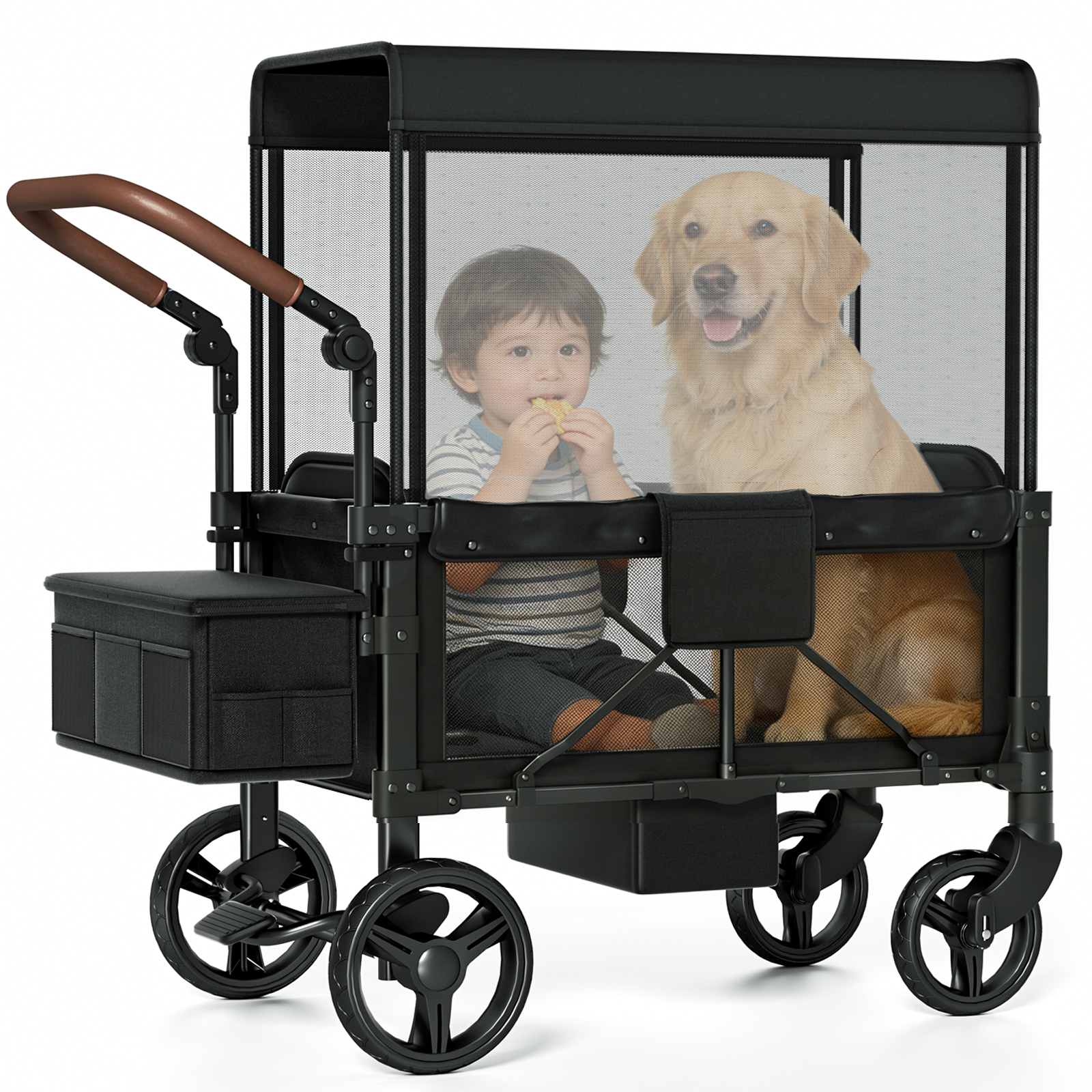 Vipsafe Foldable Wagon Stroller for 2 Kids, Multifunctional Baby Stroller with Detachable Canopy, Adjustable Handlebars, Easy Storage for Toddlers