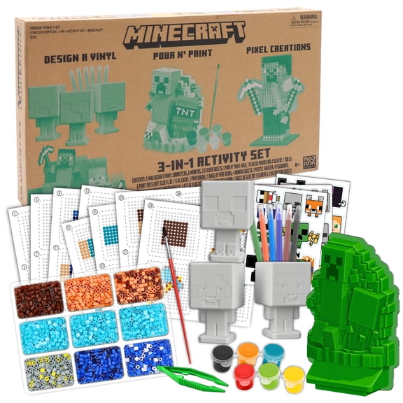 Tara Toy: 3-In-1 Activity Set - Minecraft - Craft Kit, 3 DIY Creations: Design A Vinyl Figure, Pour 'N Paint, Pixel Creations 3D Character, Kid 6 