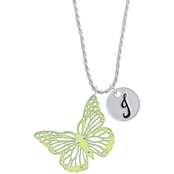Delight Jewelry Acrylic Cut Out Butterfly Mirror Lime Green Silvertone Script Initial Disc - J - Charm Necklace, 20"+3"