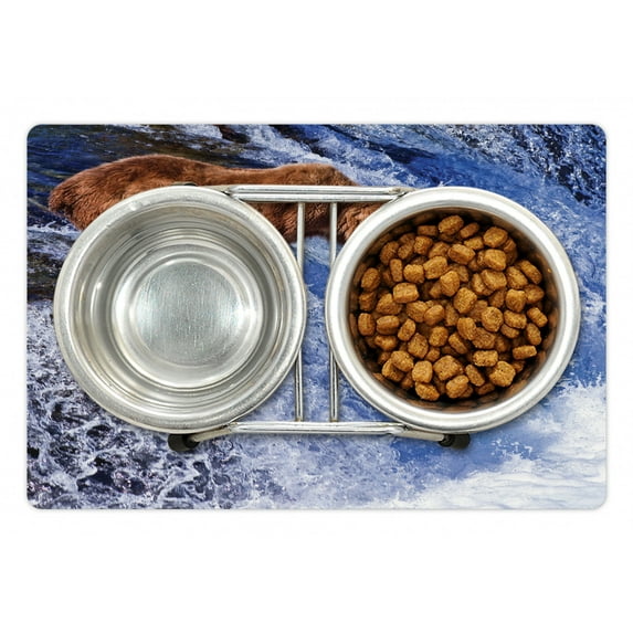 Nature Pet Mat for Food and Water, Grizzly Bear at Katmai National Park Alaska Waterfall Catches Fish Wildlife Picture, Non-Slip Rubber Mat for Dogs and Cats, 18" X 12", by Ambesonne