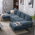 thumbnail image 3 of U Shaped Indoor Modular Sofa, 4-Seat Chenille Fabric Upholstered Sectional Sofa with Double Chaise Lounge and Gold-Plated Feet, Modern Leisure Couch Sofa for Living Room Apartment, Grey-Blue, 3 of 7