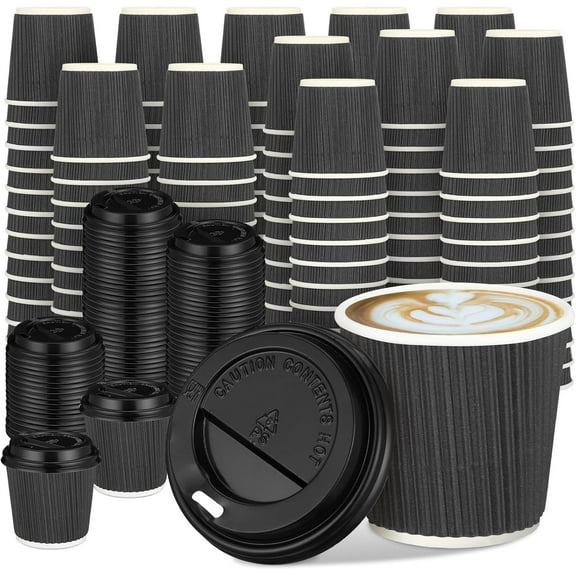 100 Set 4oz Disposable Espresso Cups with Lids Ripple Corrugated Paper Disposable Coffee Insulated Hot Ripple Cups for hot Chocolate, Tea, and Cocoa Drinks(Gray)