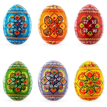Set of 6 Pearlized Ukrainian Pysanky Wooden Easter Eggs 2.5 Inches