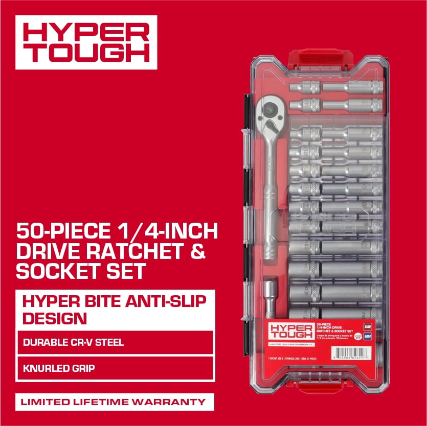 Hyper Tough 1/4-Inch Drive Ratchet and Socket Set, SAE and Metric, 50 Pieces