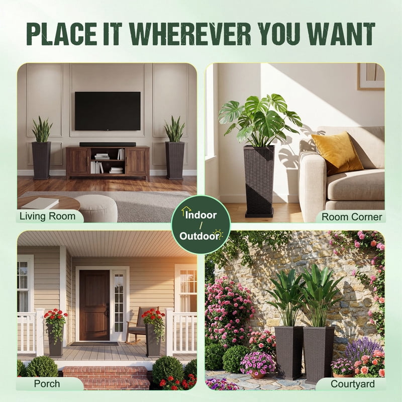 Homall 25" Tall Plastic Planter Set of 2 with Inside Pots, Drainages and Trays, for Outdoor and Indoor