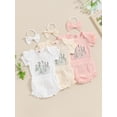 thumbnail image 4 of Aojekbee Baby Girl Summer Outfits Flower Embroidery Ribbed Short Sleeve Rompers Solid Color Shorts Headband 3Pcs Clothes Set, 4 of 10