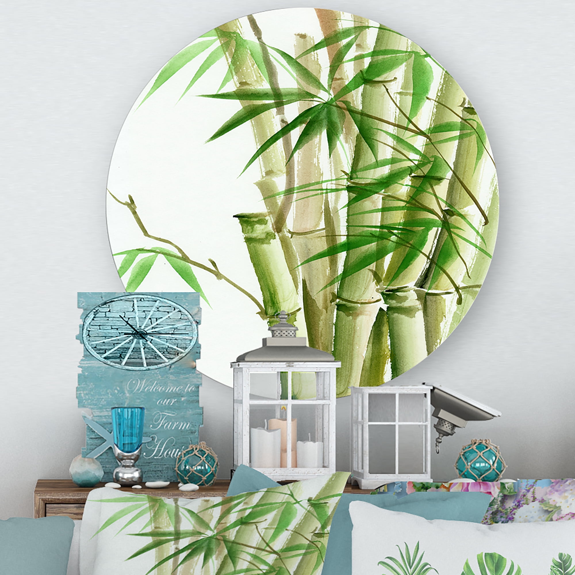 Designart 'Detail of Dark Green Bamboo and Leaves II' Traditional Circle Metal Wall Art 11x11 - Disc of 11
