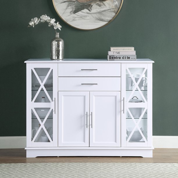 Belleze Ryland 47 Wood Storage Sideboard Buffet Cabinet Console Table White Com Belleze Ryland 47 Wood Storage, Kings Brand Furniture Kitchen Storage Cabinet Buffet With Glass Doors White