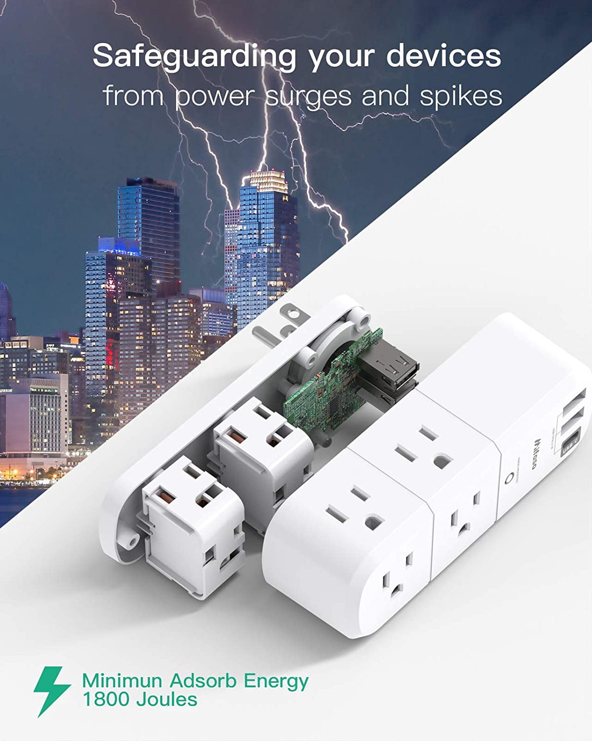 RGHJAR-Outlet Extender with Rotating Plug, Surge Protector 6 AC Multi Plug Wall Outlets and 3 USB Ports, 1800 Joules, 3-Sided Swivel Power Strip Spaced Splitter for Home, Travel, Dorm Room Essential